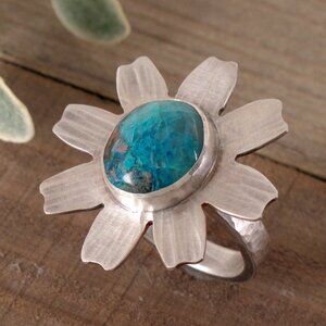 Sterling Silver 925 and Chrysocolla Daisy Big Ring, Size 9 1/4, One-of-a-kind